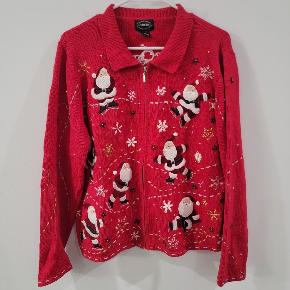 Vintage Womens Sweater Zip Up Size Medium‎ Santa Embroidered Beaded